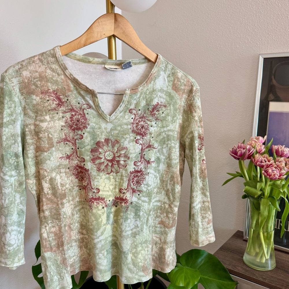 Cherokee Light Green Floral V-Notch Long Sleeve Top with Rose Accents